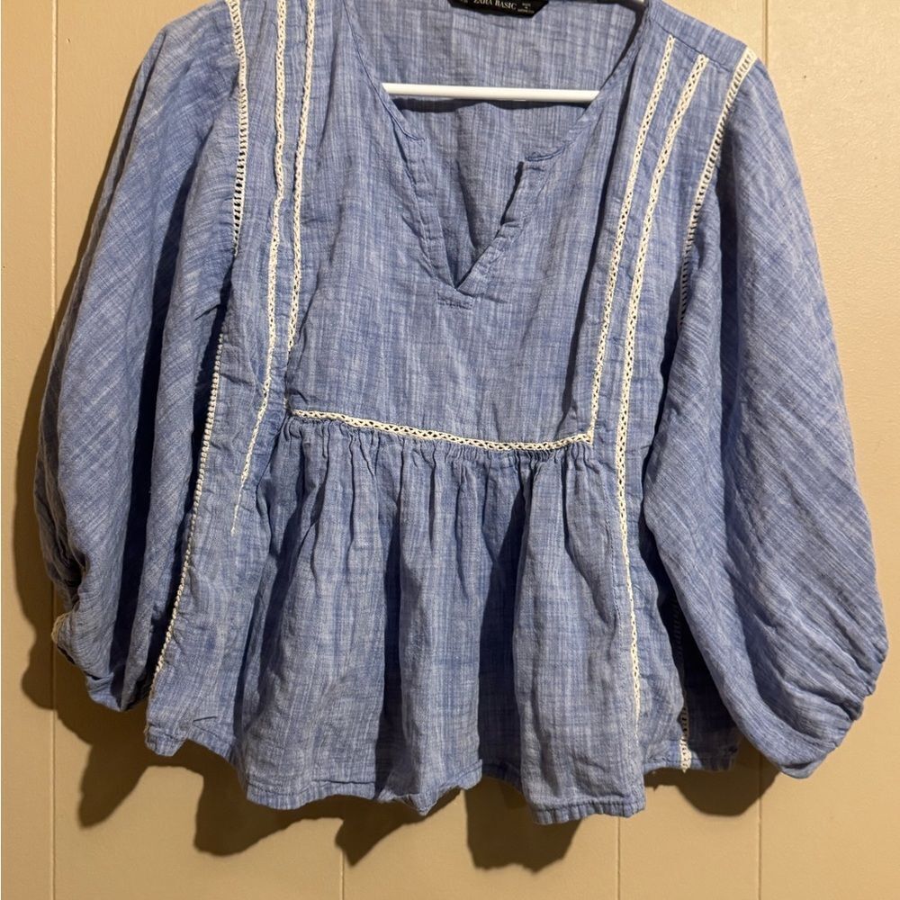 ZARA Women Size Small Peasant style Blue Flowy %100‎ Cotton Tunic Boho Indie